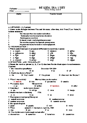 Đề và đáp án kiểm tra một tiết lần 2 Tiếng anh lớp 8 - Năm học 2016-2017 - Trường THCS Bồ Lý